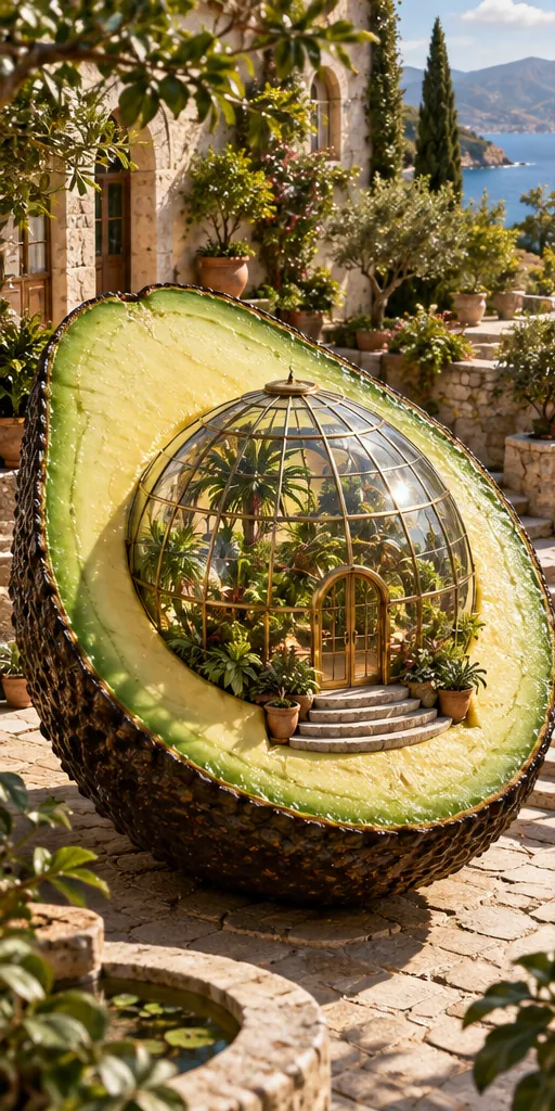 Half an avocado on a sunny terrace holds a glass conservatory where the stone should be, full of plants, with a little staircase up.
