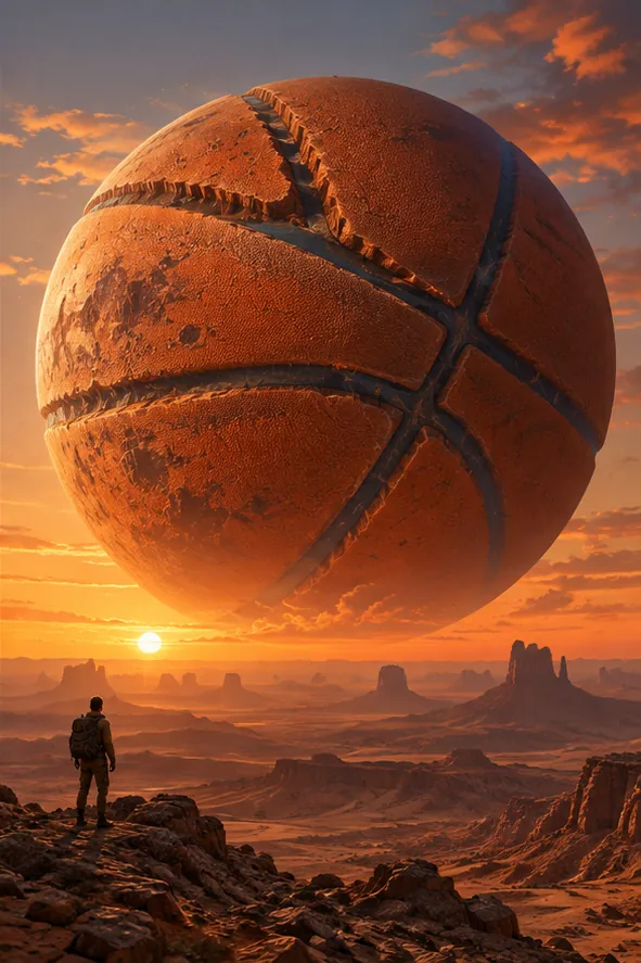 A basketball the size of a planet hangs over a red desert at sunset. A lone hiker considers a very long shot.