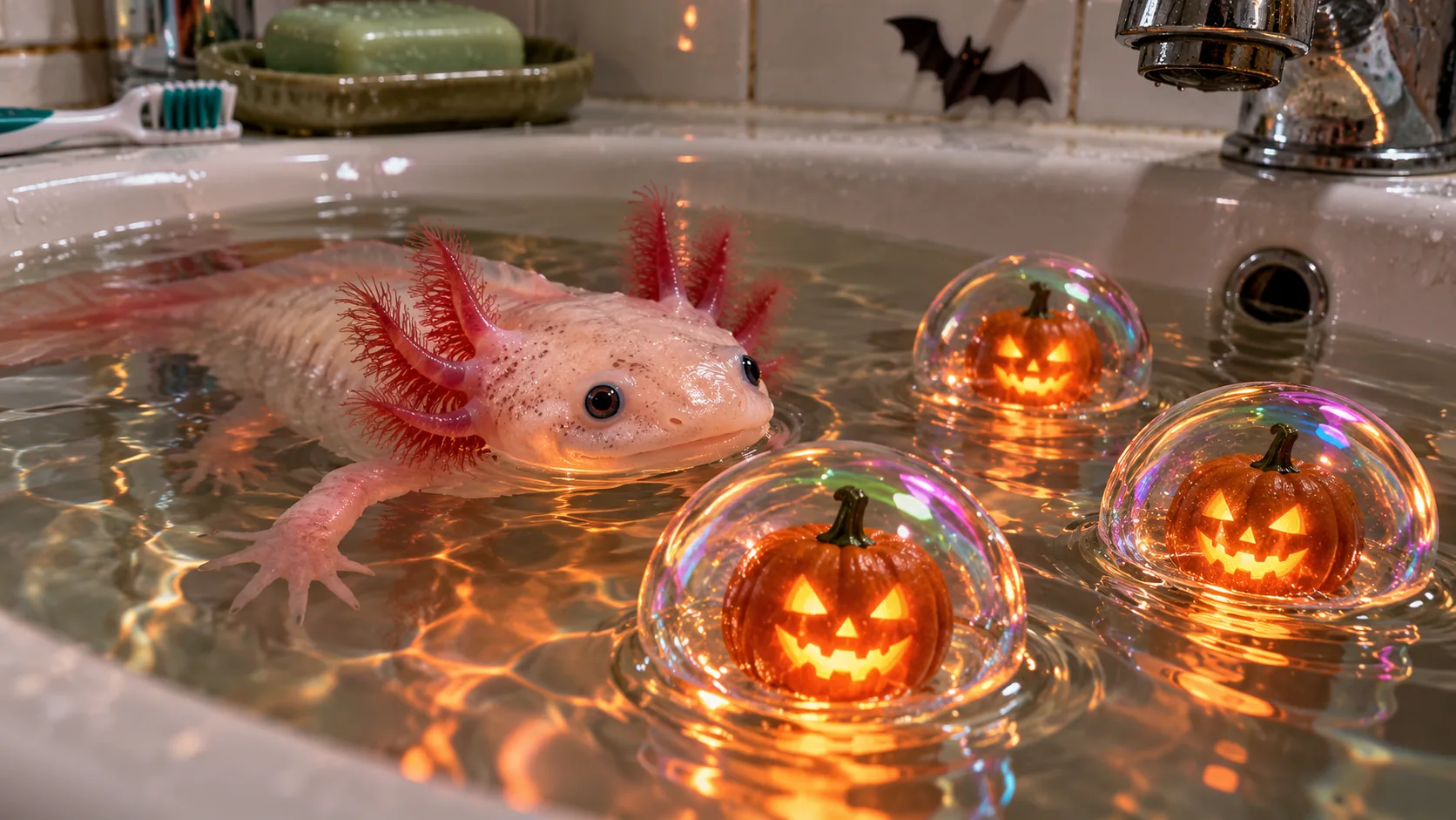 A pink axolotl swims in a bathtub among soap bubbles, each with a small glowing jack-o’-lantern floating inside it, a paper bat on the tiles. It did not ask for company.