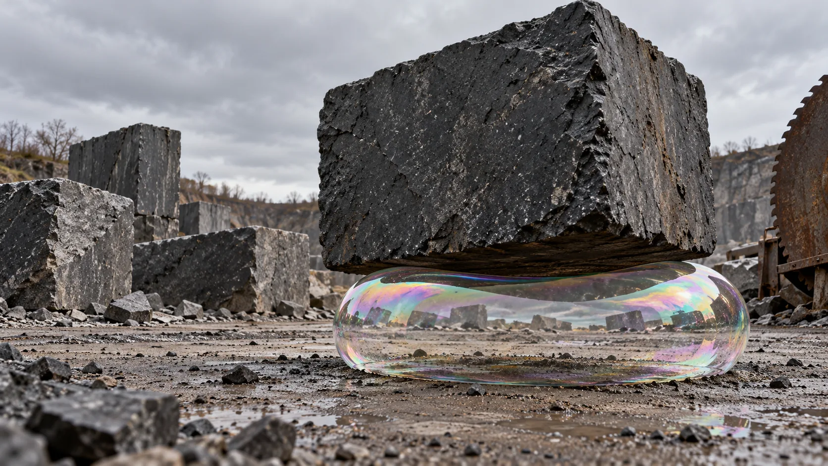 In a quarry, a huge block of dark basalt rests on top of a single flattened soap bubble, which holds. The other blocks are on the ground like amateurs.