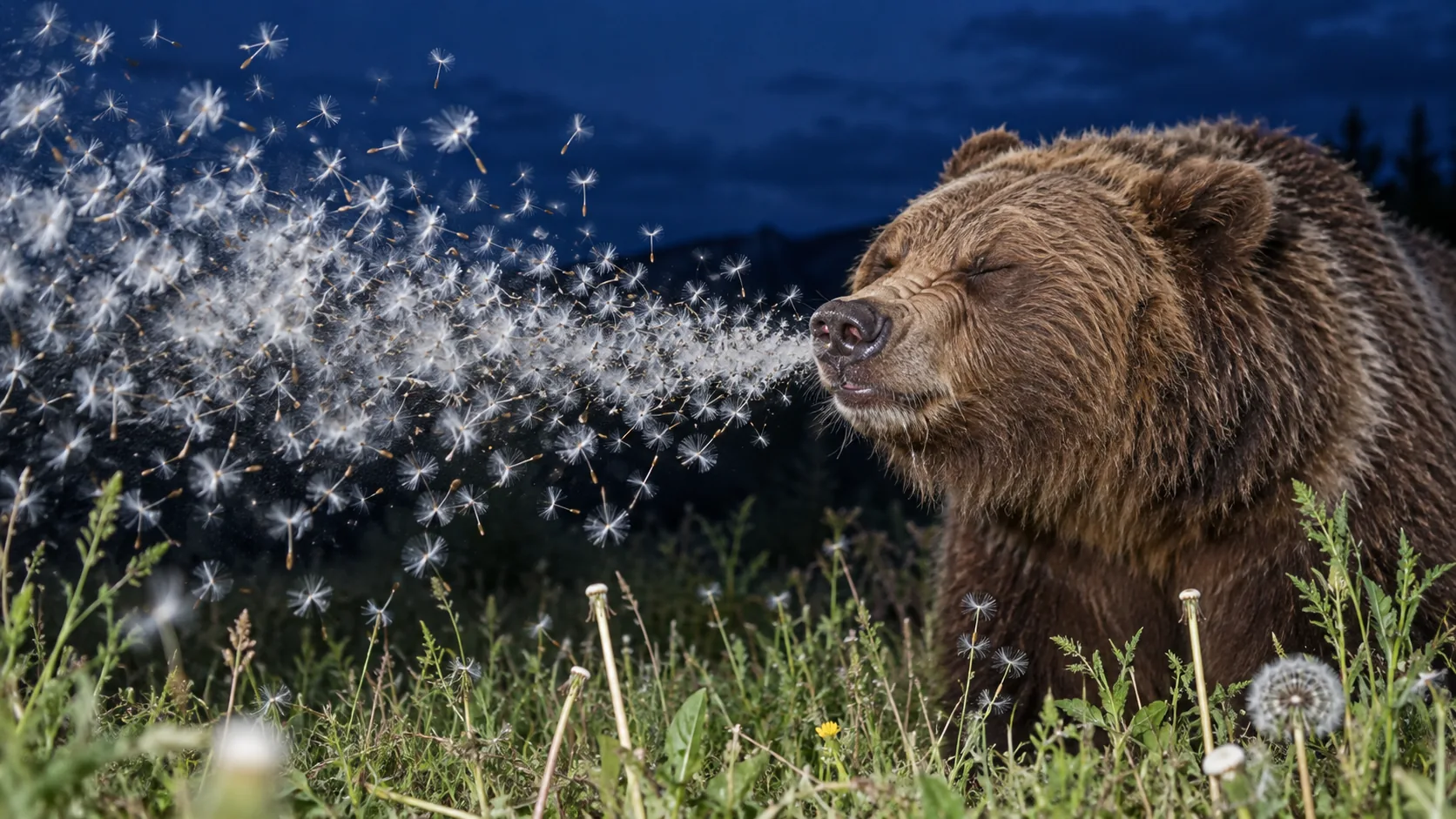 A brown bear in a meadow at dusk sneezes out a huge cloud of dandelion seeds, eyes squeezed shut. It was the dandelions’ fault, but now it’s everyone’s.