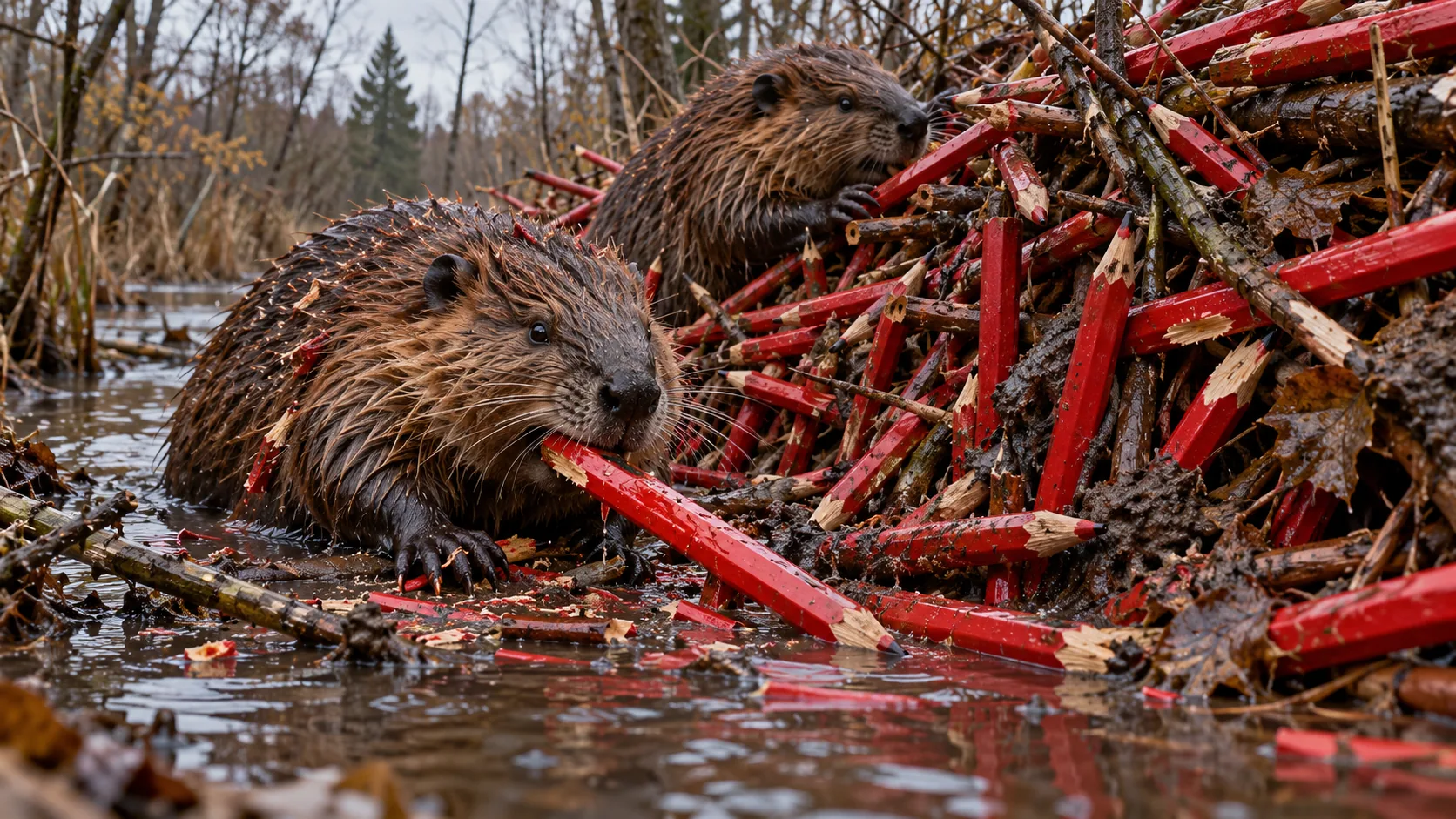 Two beavers in a wet creek build their lodge from hundreds of red pencils, chewed to points. The dam holds; the stationery cupboard does not.