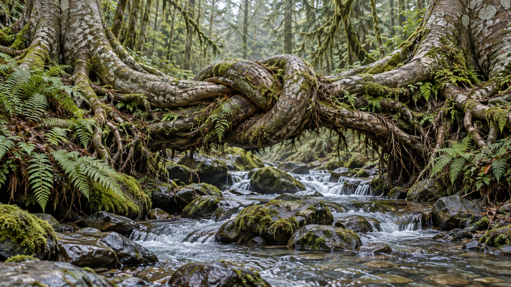 Thick mossy tree roots reach across a forest stream and tie themselves into a single tight knot above the water. Nobody knows which tree is holding the other end.