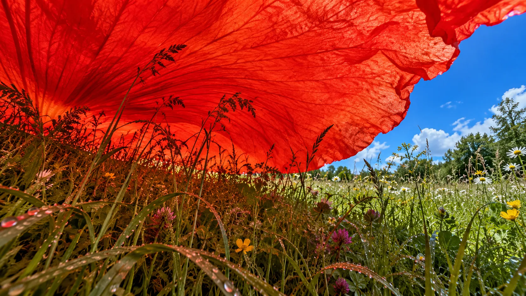 From down in the grass, a single enormous red poppy petal arches overhead like an awning against a blue summer sky. Everything underneath is lit pink.