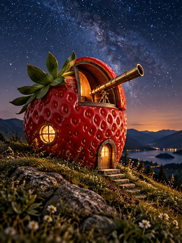 A strawberry turned observatory on a hillside under the Milky Way, telescope poking out of the roof. Small, but sees everything.