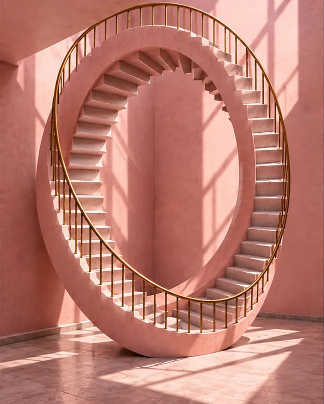 A pink staircase with a brass railing curls into a complete loop in a sunlit pink room, so every step leads back to itself.