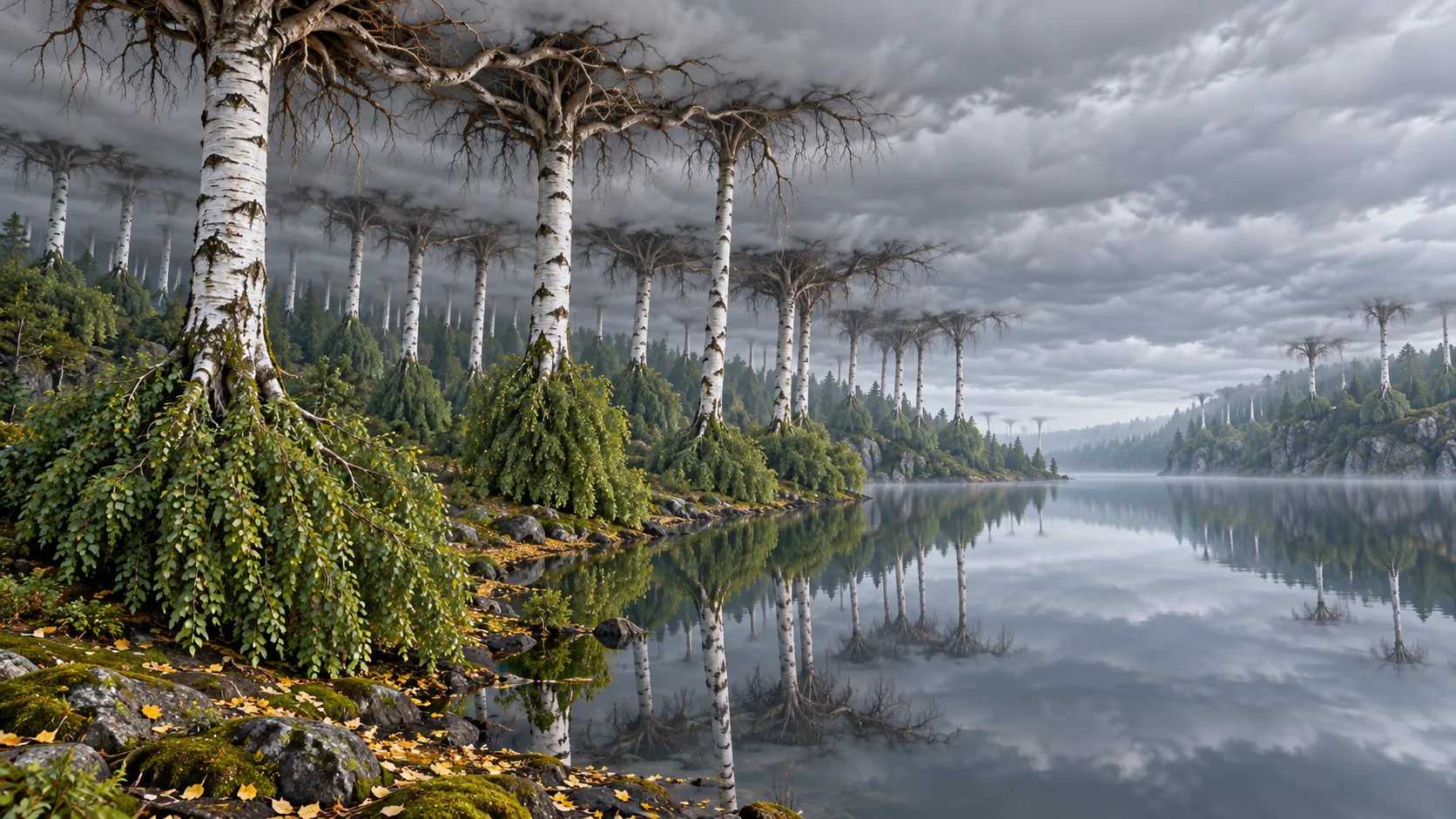 Along a still grey lake, a forest of birches grows upside down, leafy crowns on the ground and bare roots reaching up into the low clouds. Watering them is a job for the weather.
