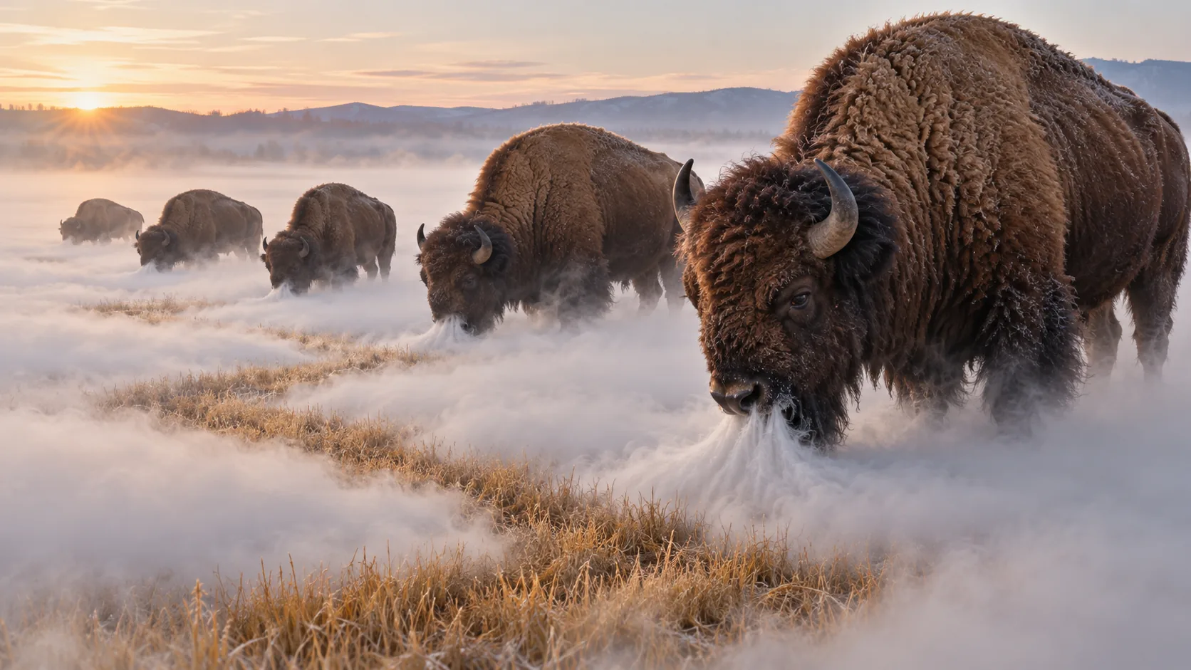 A line of bison crosses a frosty plain at sunrise, heads down, eating the ground fog and leaving a clear trail of grass behind them. Mist is low in calories.