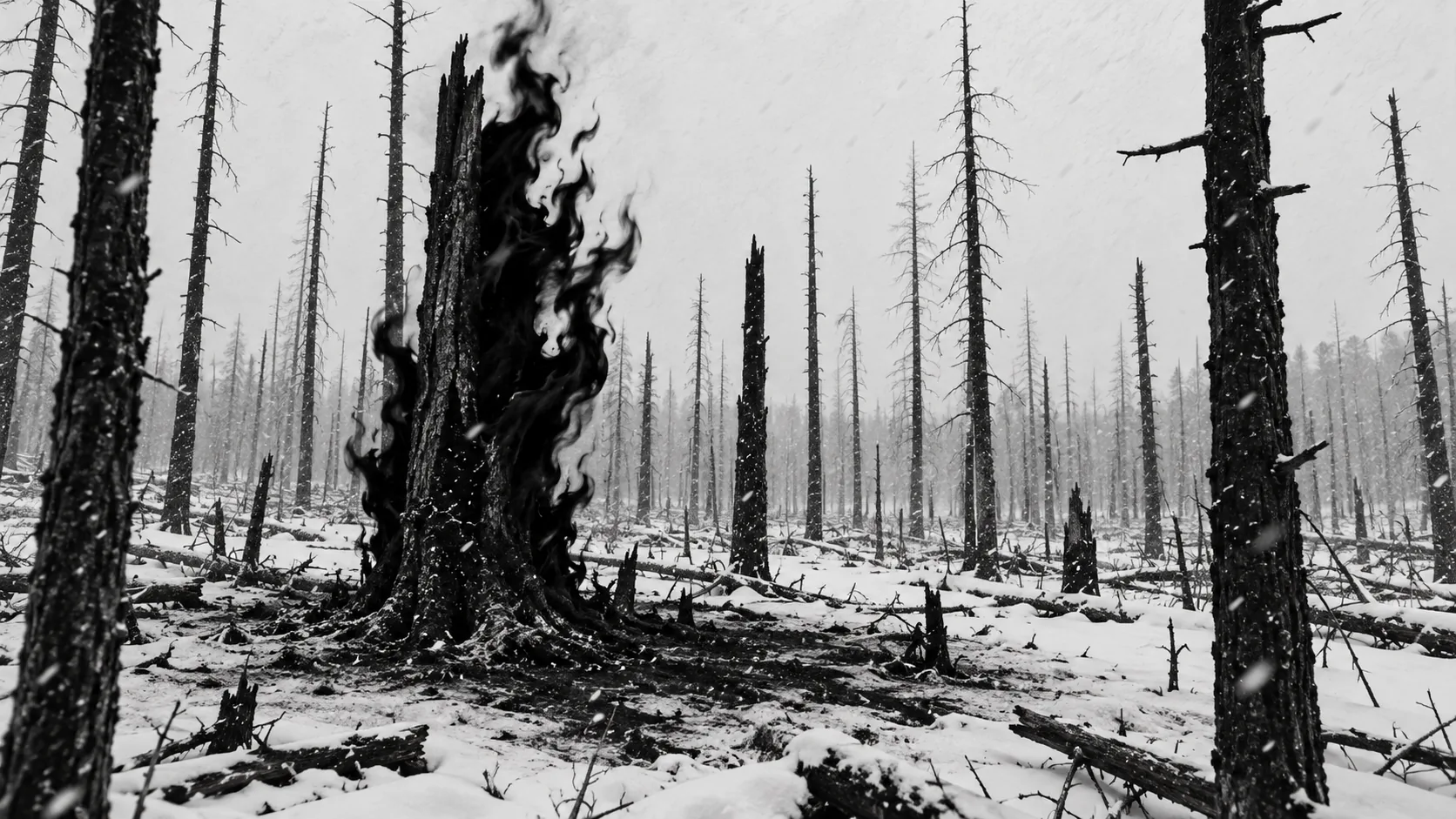 In a snowy burnt-out forest of black trunks, one stump burns with tall black flames that give off no light. It’s the only warm thing for miles and it doesn’t look it.