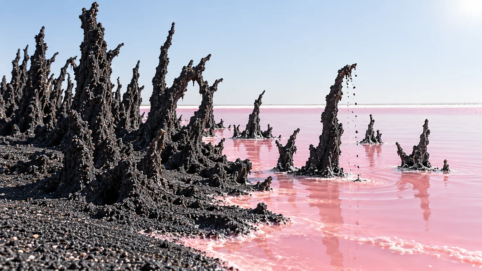 Tall black spires of wet sand rise out of a pink salt lake, sand still dribbling off them like drip castles the size of trees. Someone very big had a beach day.