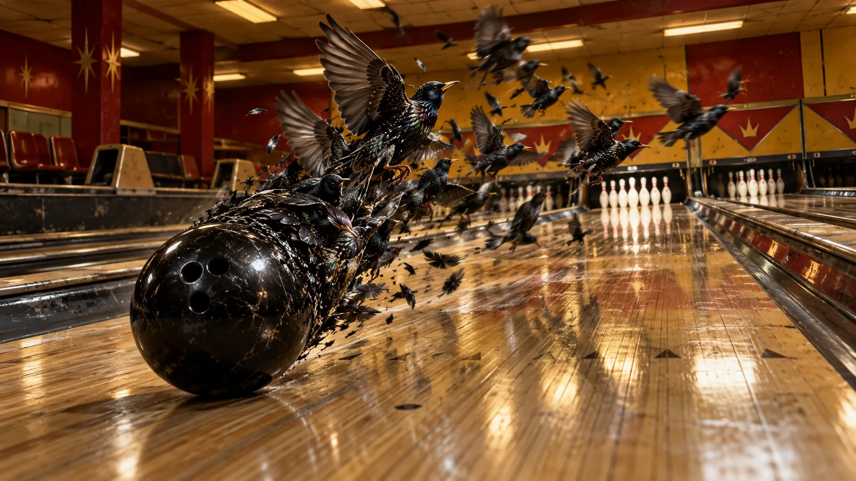 A black bowling ball rolls down a polished lane and comes apart into a flock of starlings that fly off over the pins. None of the pins went down.