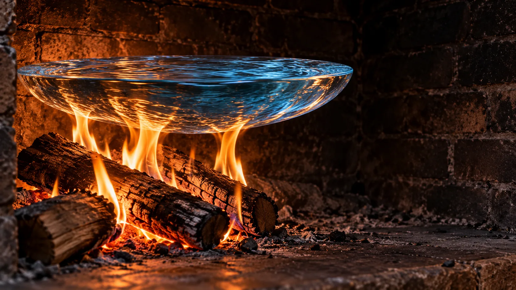 In a brick hearth, a shallow glass bowl of clear blue water rests on the tips of the flames of a log fire, with nothing else holding it up. It hasn’t boiled and doesn’t intend to.