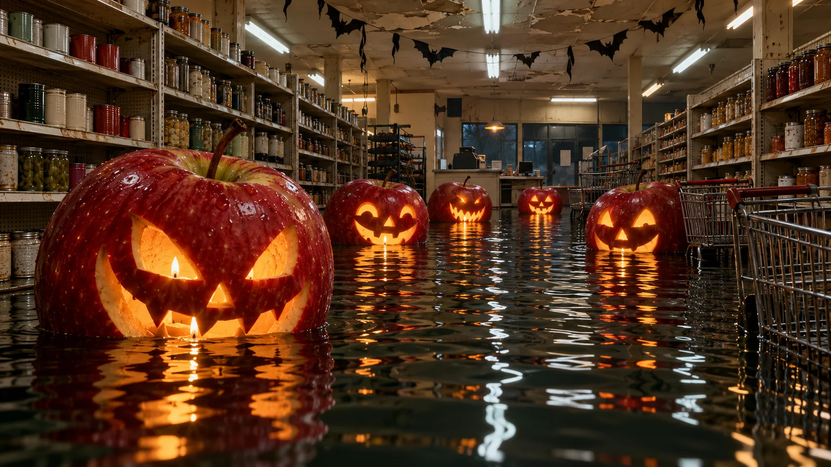 A grocery store is flooded knee-deep, and giant red apples carved into grinning lanterns bob down the aisle between the shelves, paper bats hanging from the ceiling. Nobody is bobbing for these.