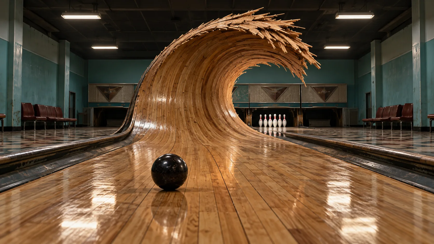 In an empty teal bowling alley, one polished wooden lane rears up into a curling wave while a black ball waits at the foot of it. The pins are still standing, safely in the barrel.