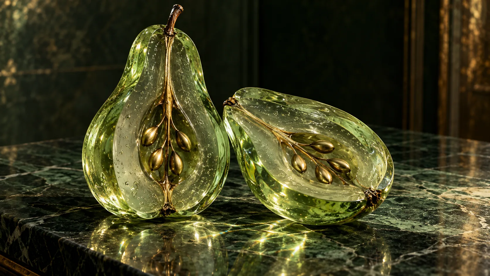A pear made of green glass lies split open on dark marble, its core lined with polished brass seeds. Not recommended for lunch.