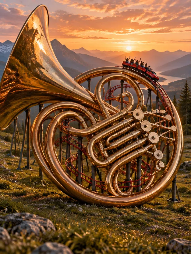 A French horn on a mountain meadow at sunset doubles as a rollercoaster, a train of riders cresting its bell.