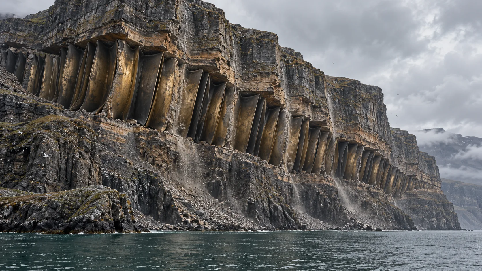 A sea cliff is folded into deep pleats like the bellows of an accordion, with waterfalls running down the creases. The tide comes in on the exhale.