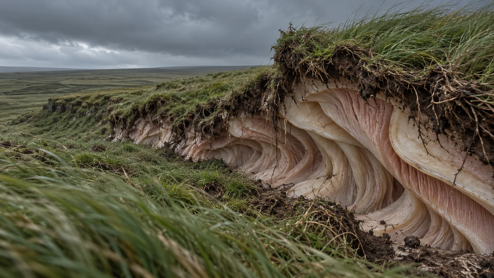 On grassy moorland a strip of turf has peeled back, and the soil underneath is pale pink folds of something like flesh. The hill would rather you didn’t look.