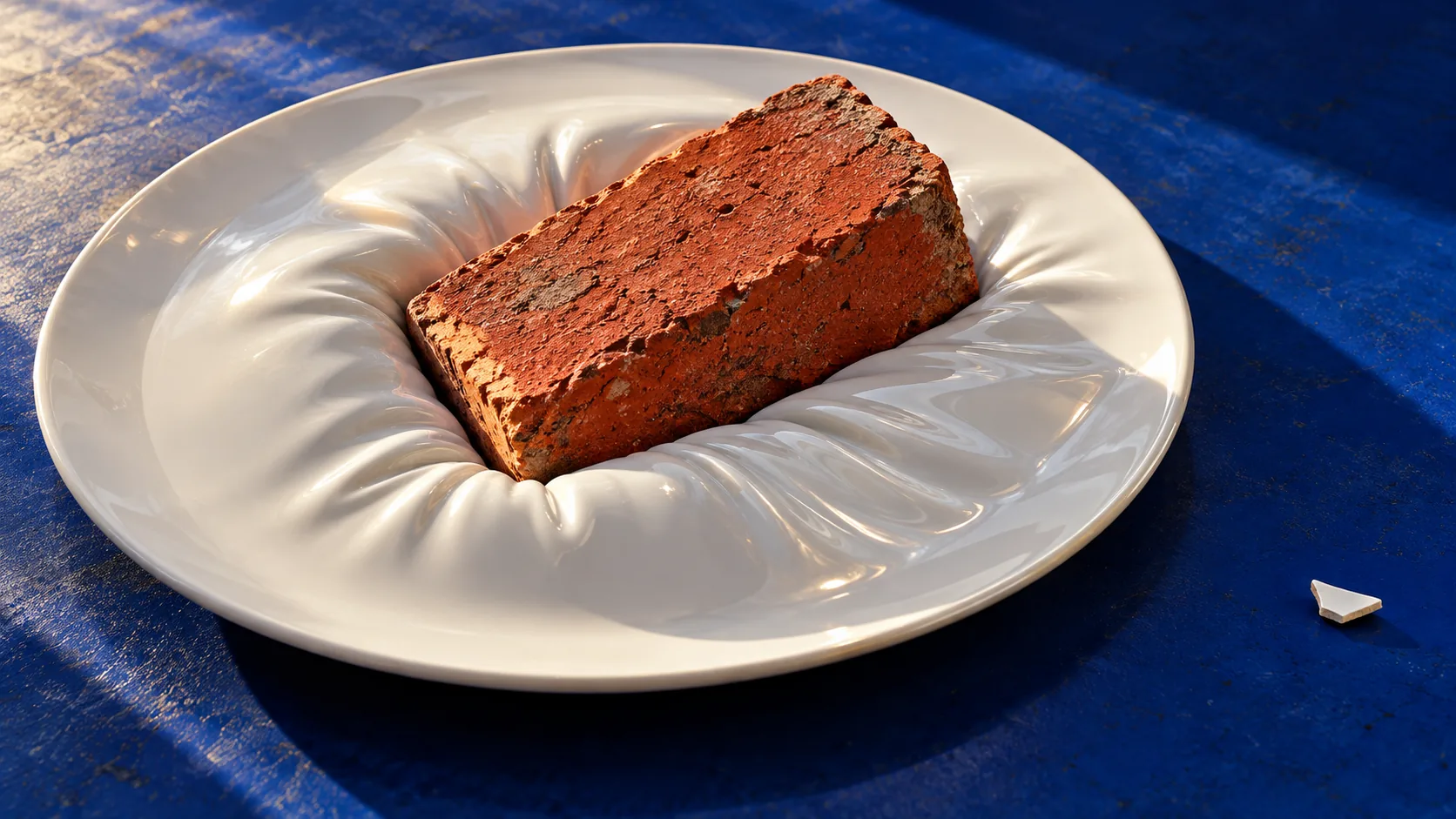 A brick sinks into a white dinner plate that has gone soft as a cushion, on a blue tablecloth. Fine china, finally doing its best.