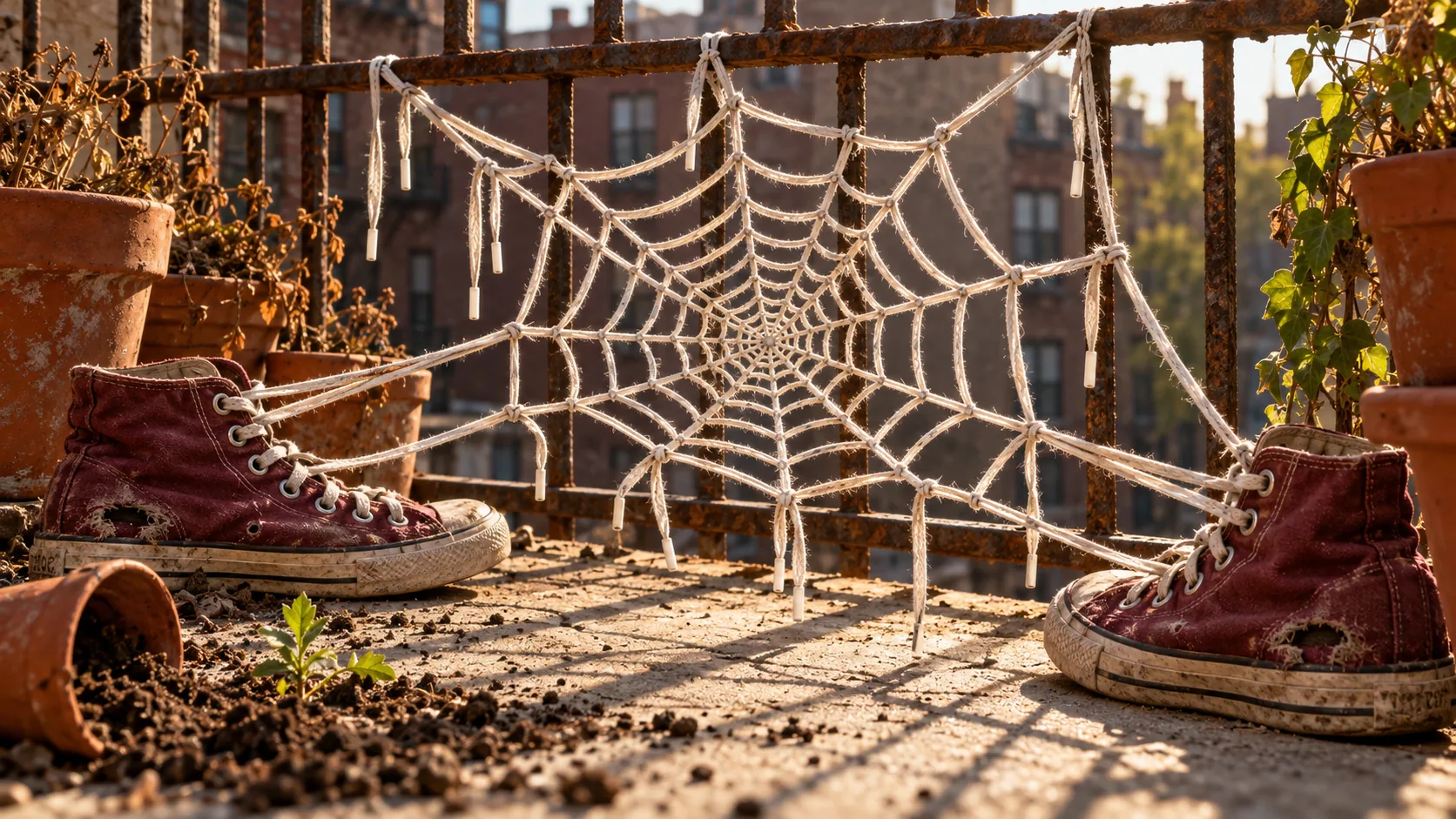 A pair of worn burgundy sneakers on a balcony, their laces stretched out between them into a full spider web across the railings. Nobody is untying this.