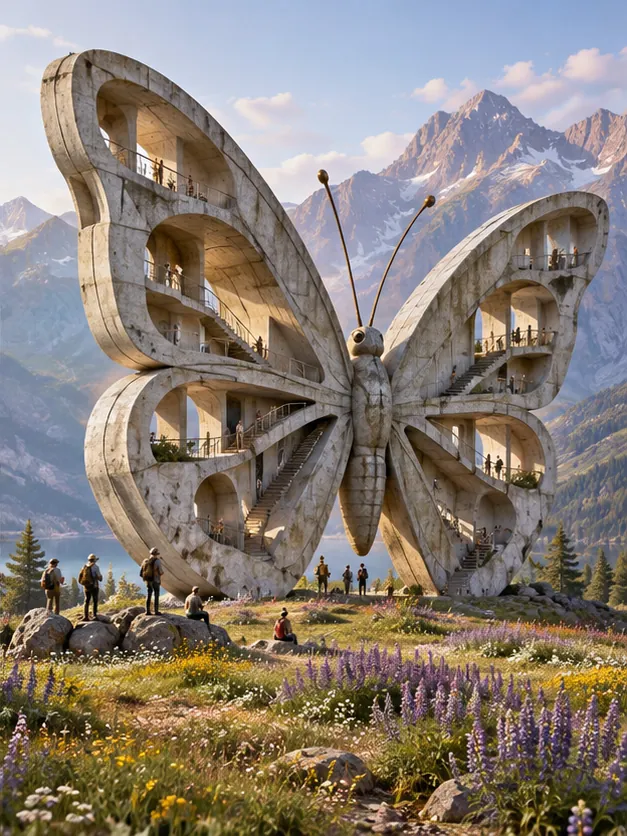 A huge concrete butterfly stands in an alpine meadow, its wings stacked with balconies and windows.