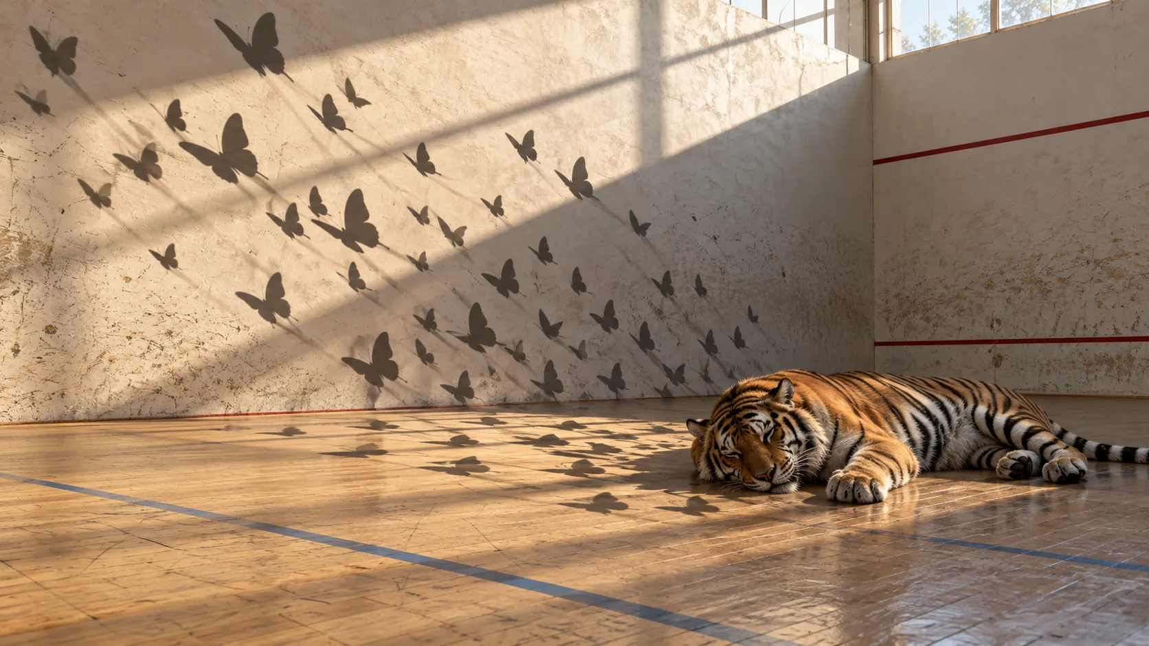 A tiger sleeps on a squash-court floor while a swarm of butterfly shadows crosses the wall. There are no butterflies in the room.