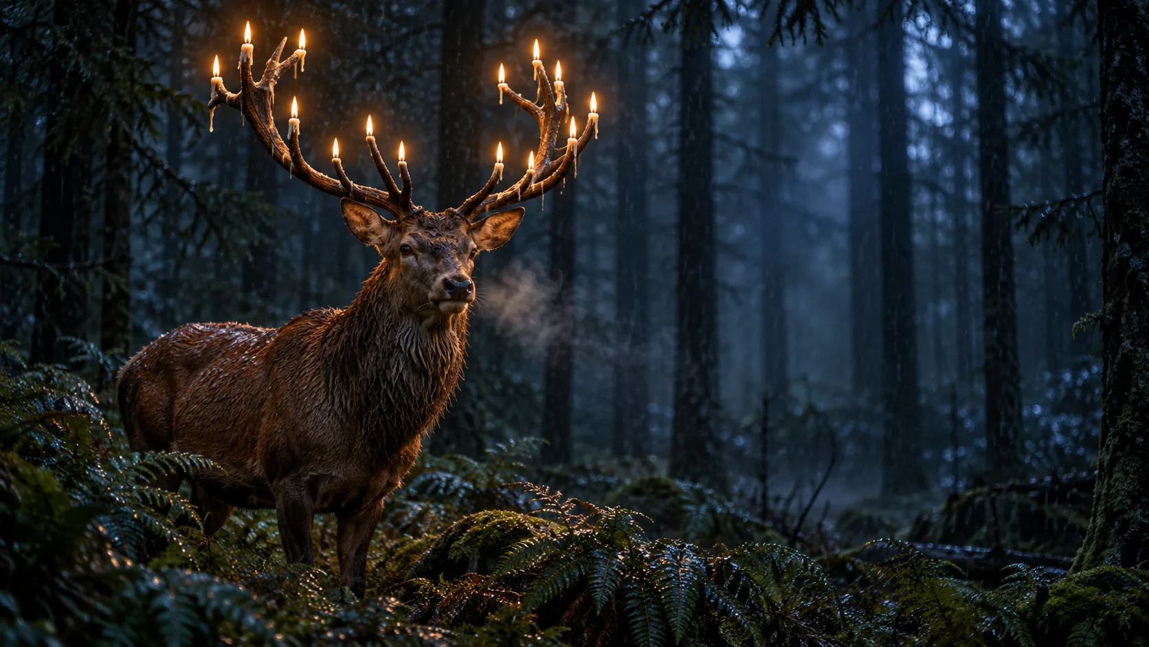 A red deer stag stands in a dark, rainy pine forest with lit candles burning on every tine of its antlers. The rain has not put a single one out.