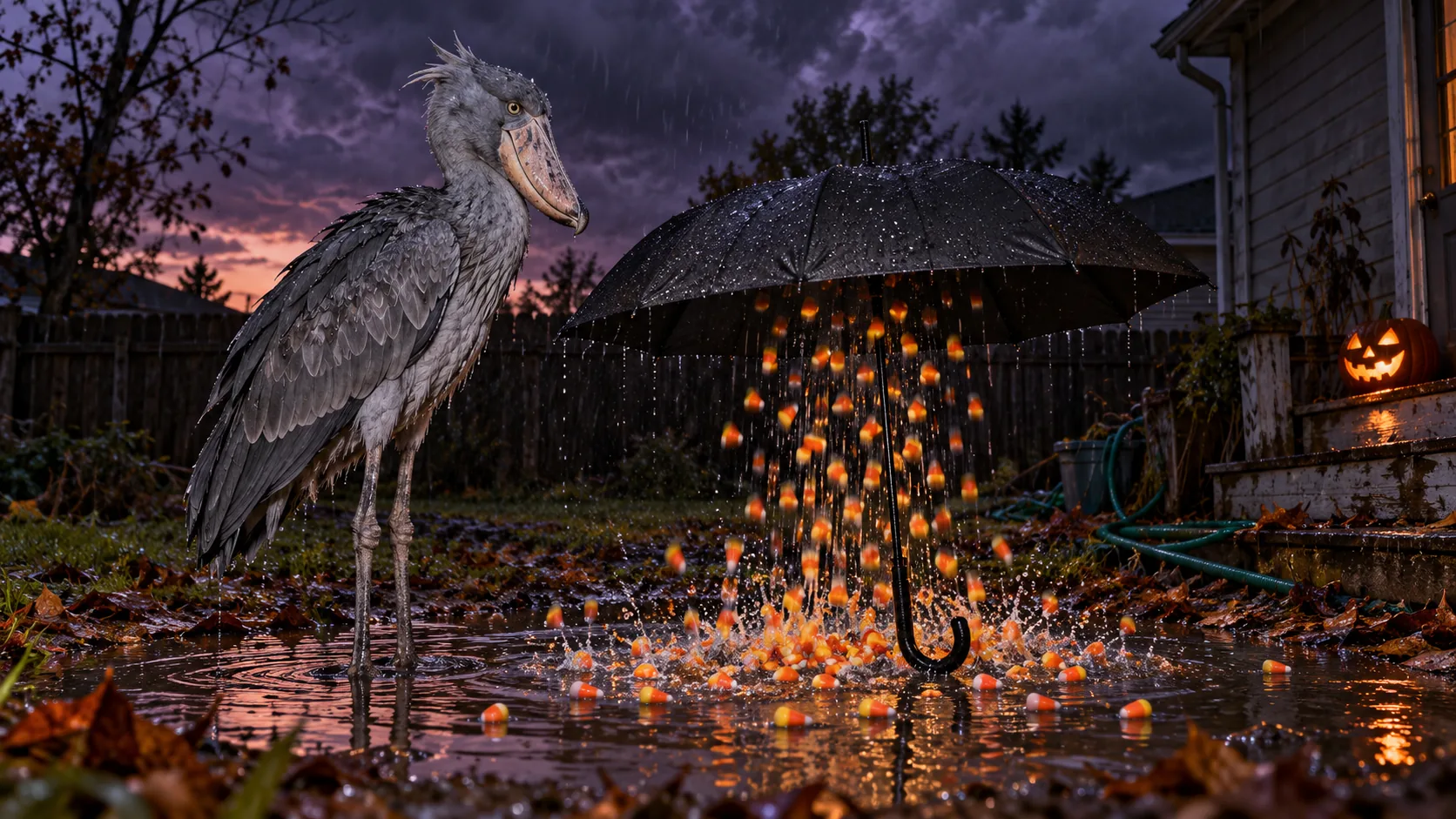 In a dark, rainy back garden, a tall grey bird with an enormous bill stands beside a black umbrella that is raining sweets underneath it into a puddle. The umbrella has it the wrong way round.