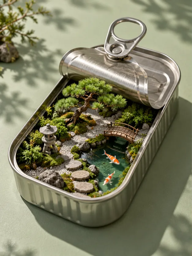 A tin peeled open on a tiny Japanese garden: bonsai, stepping stones, a bridge and two koi. Best before never.