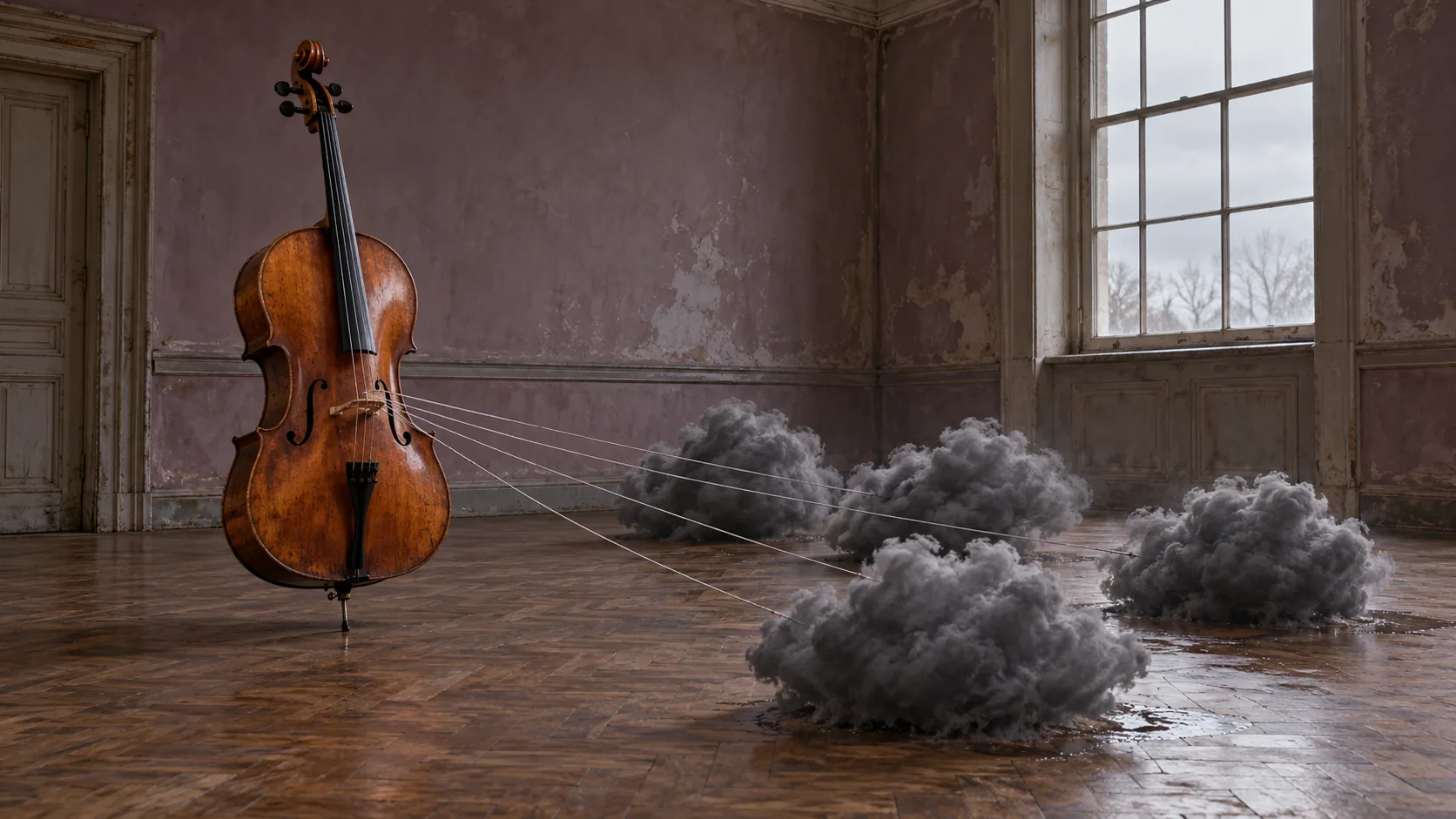 In a faded, empty room, a cello stands on the parquet with its strings stretched out to four grey clouds resting on the floor. Someone is practising for a storm.