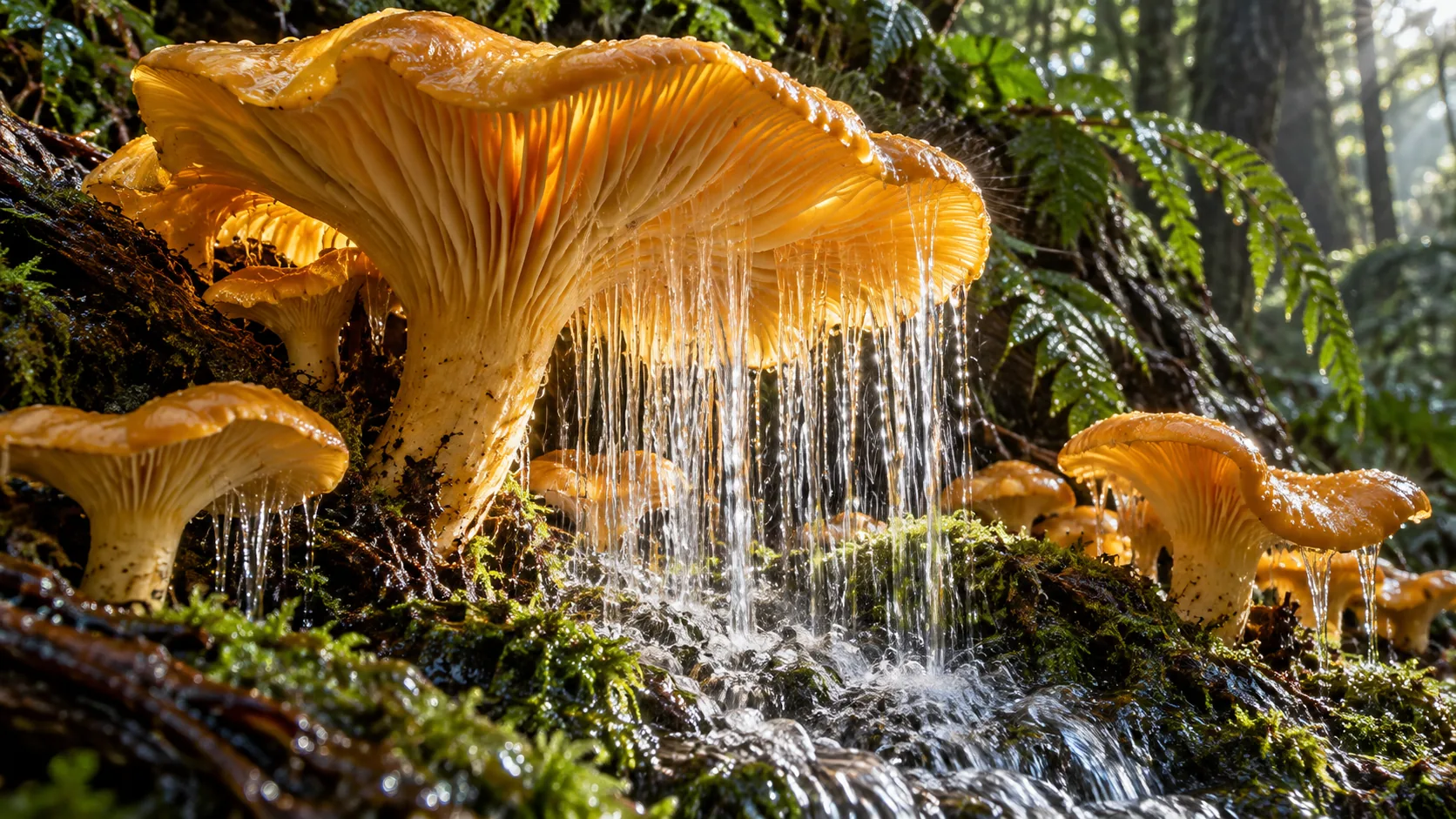 On a mossy bank in a damp forest, golden chanterelle mushrooms pour water out of their gills in thin falls, running off into a stream. They are mostly gills now.