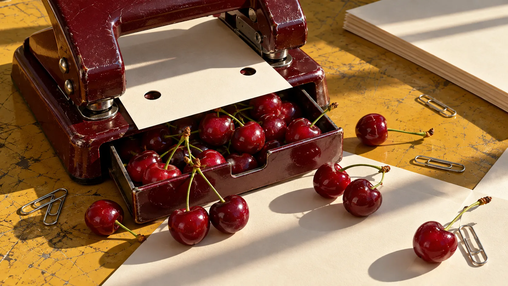 An old red hole punch has its chip tray pulled open, and it is full of glossy cherries instead of paper dots, with more rolling across the desk. The holes in the paper are still the usual size.