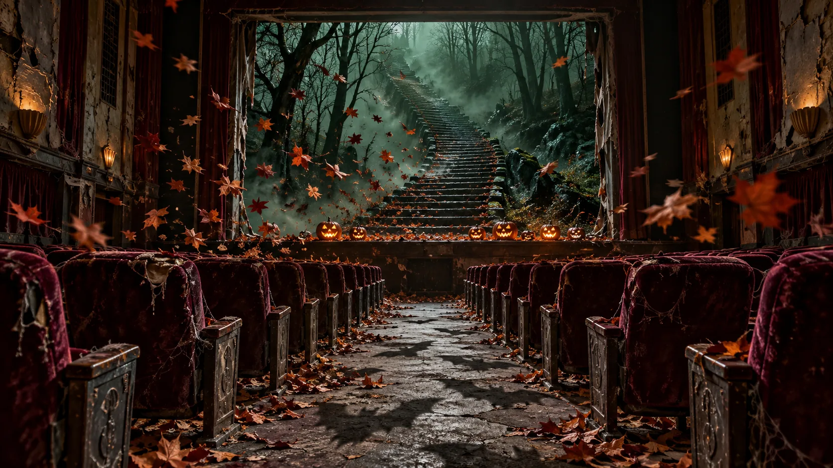 In a shabby old cinema with red velvet seats, the screen is a real opening onto a misty forest staircase lined with jack-o’-lanterns, and leaves blow out into the aisle. No refunds once you’re in.