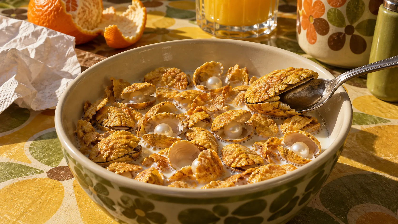 A bowl of cornflakes where every flake is a little clam, opening on a pearl in the milk. Crunchy, then expensive.