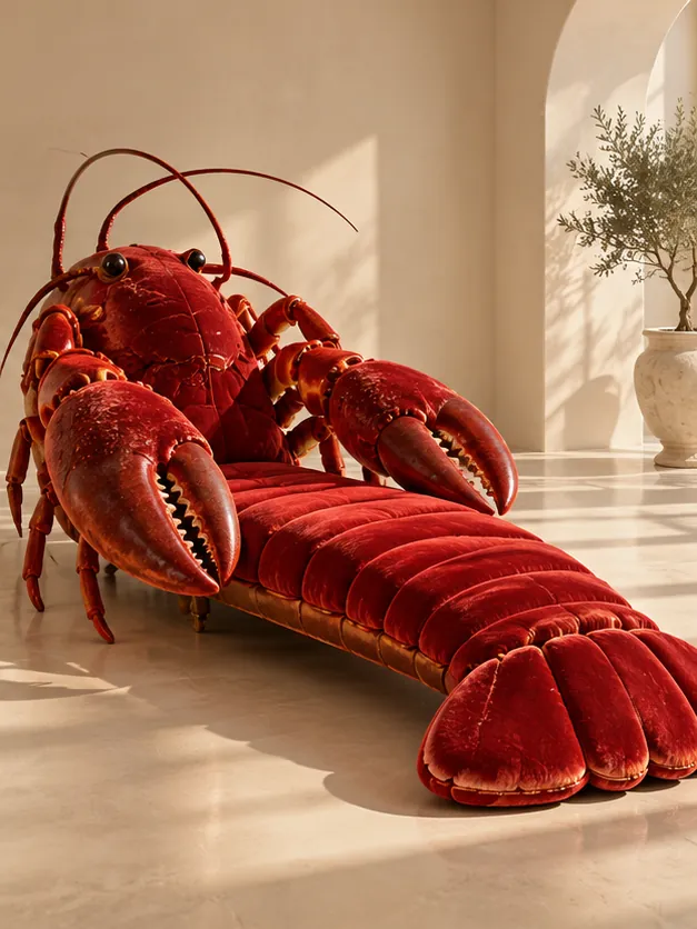 A red velvet chaise longue shaped like a lobster lounges in a pale marble hall. Comfortable, if a little snappy.
