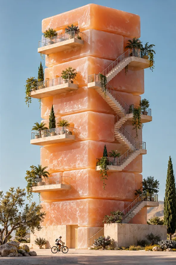 An apartment tower built from stacked bars of pink soap, with balconies, plants and an outdoor staircase. Low maintenance, very slippery.