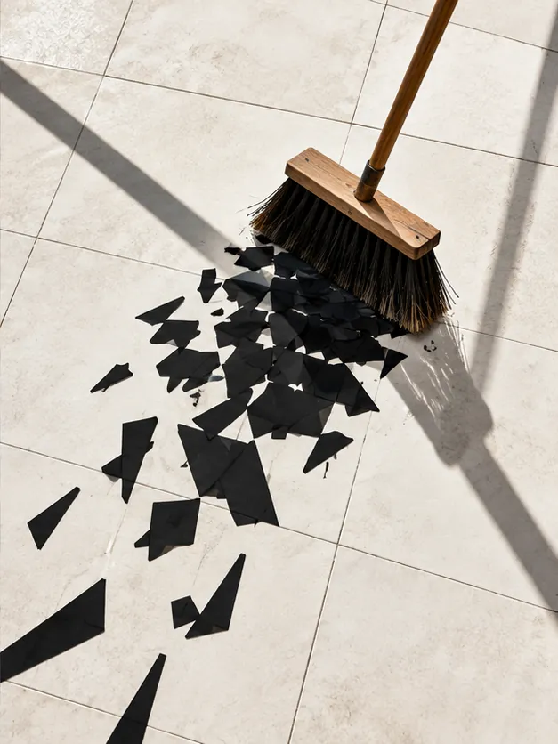A push broom sweeps shards of black shadow into a pile on a pale tiled floor in bright sunlight. Someone has to tidy up after the afternoon.