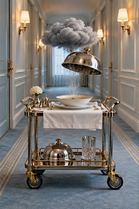 A brass room-service trolley in a hotel corridor lifts its cloche to release a small rain cloud over the soup.