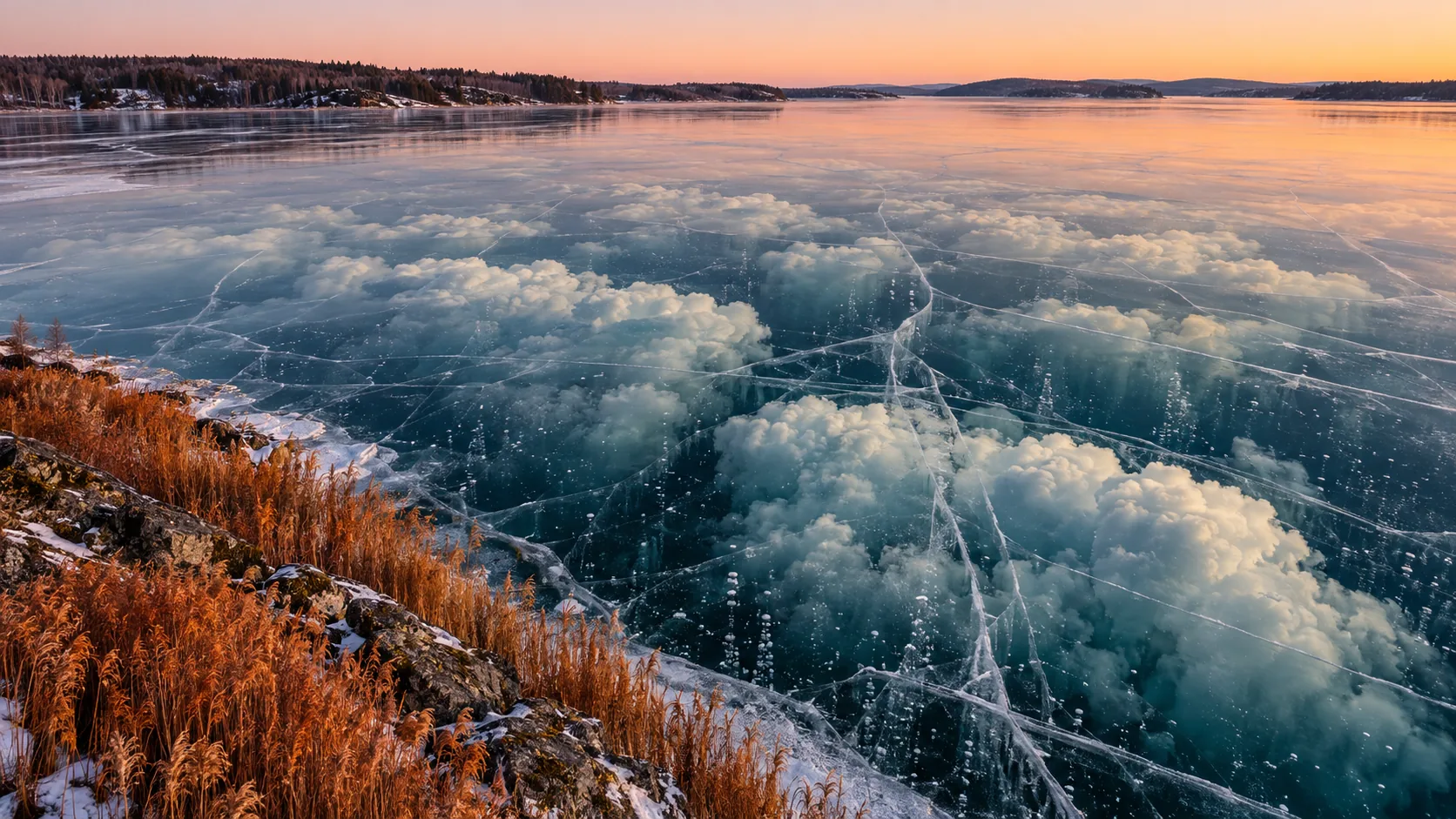 A frozen lake at sunset with white cumulus clouds trapped under the clear ice. The sky above is fine; this is extra.