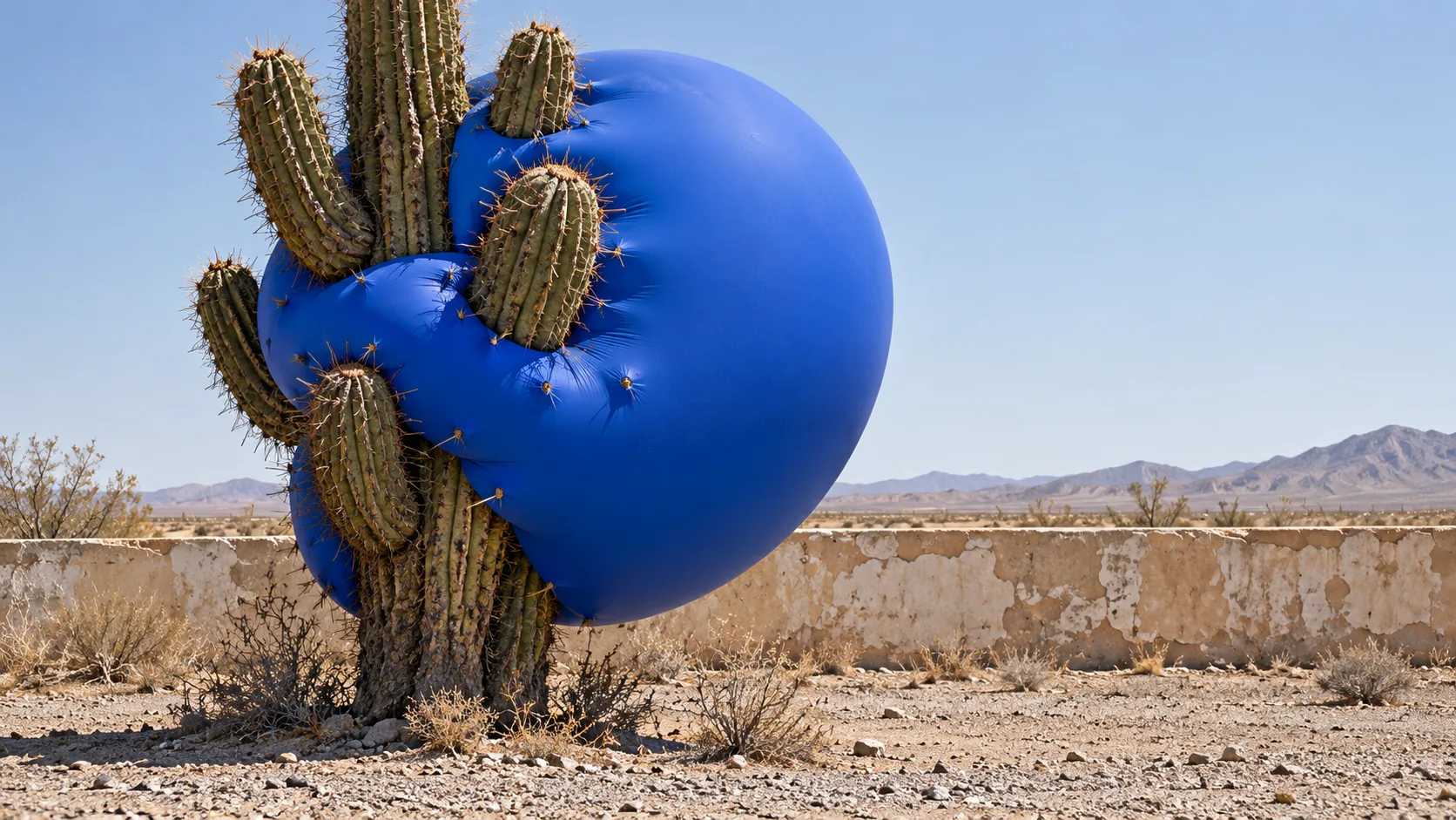 A big cobalt-blue balloon has wrapped itself round a desert cactus, spines pressing into it, and hasn’t popped. It is either very brave or very thick.
