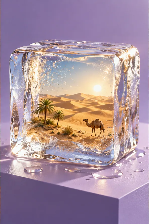 An ice cube on a lilac plinth holds a whole desert: dunes, palm trees, a camel and the setting sun. Melting very slowly.