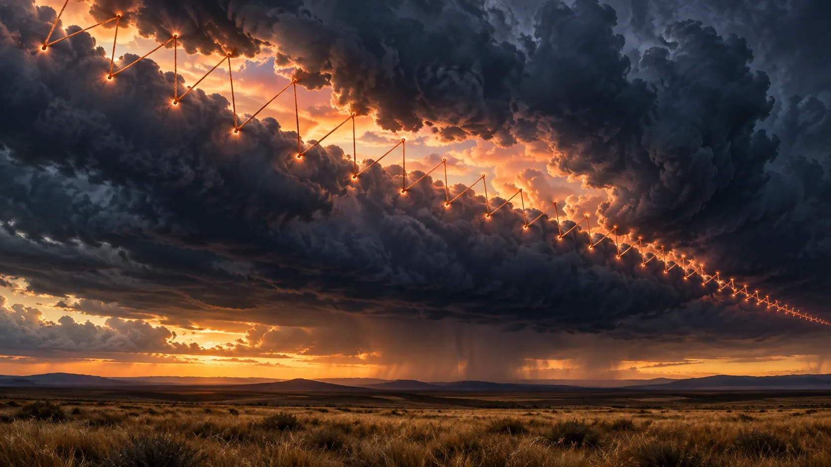 A long tear in a dark storm cloud over the prairie is laced shut with glowing copper stitches, sunset showing through the gaps. The rain still gets through.
