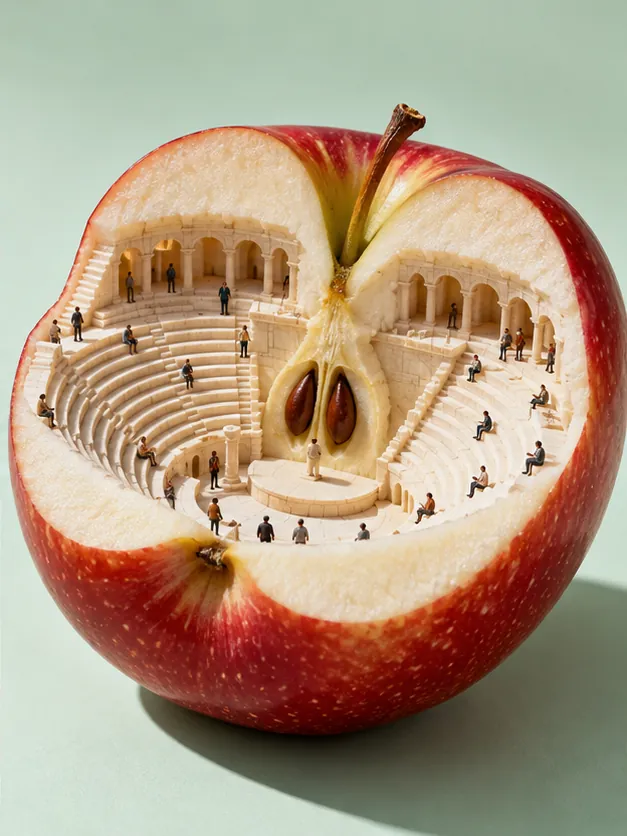 An apple sliced in half reveals a stone amphitheatre where the core should be, its seats filling with tiny spectators.