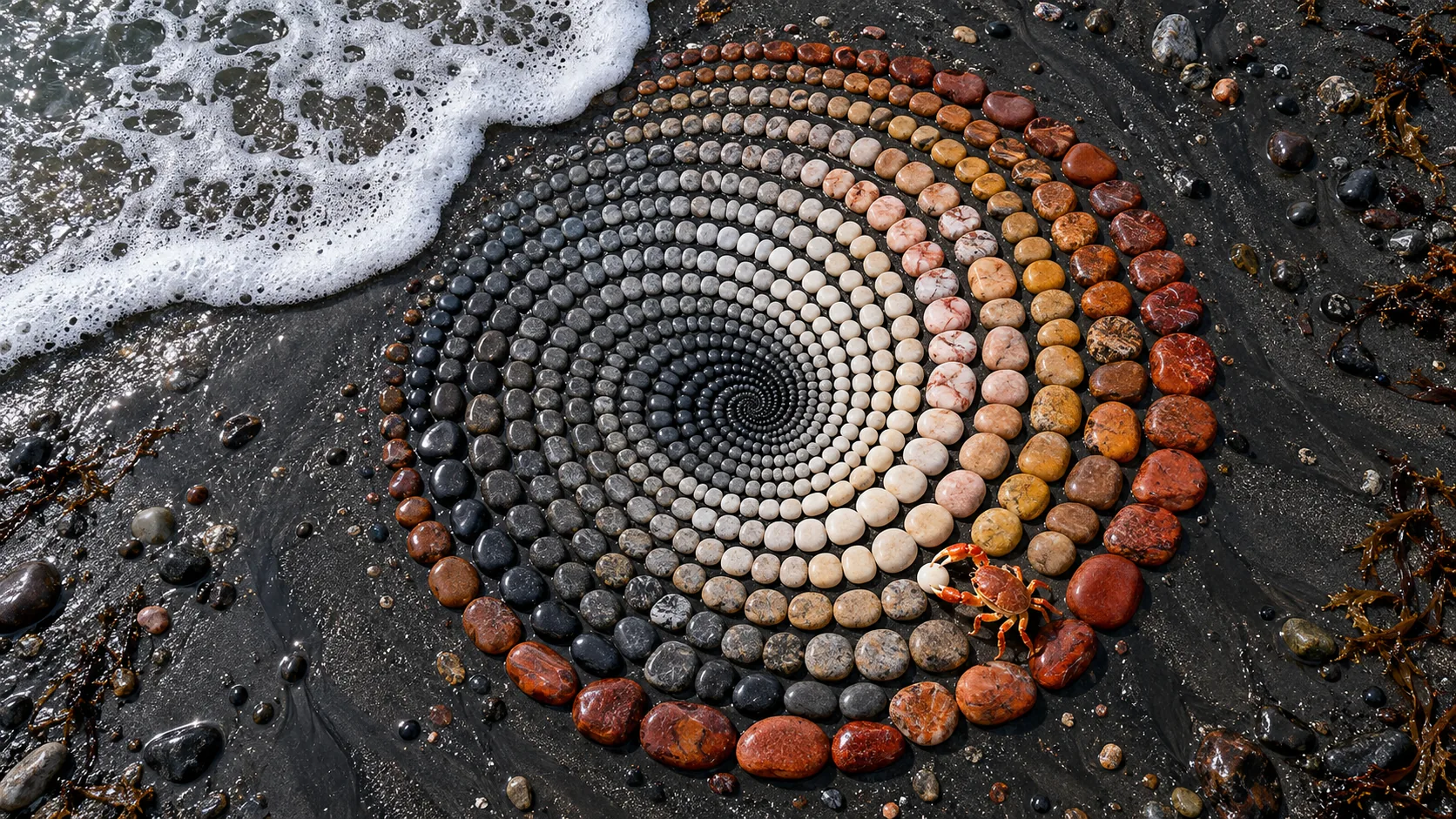 On a black sand beach, pebbles are laid in a perfect spiral graded from dark to cream to red, and a small orange crab sits at the edge, adjusting one. The sea is coming for it anyway.