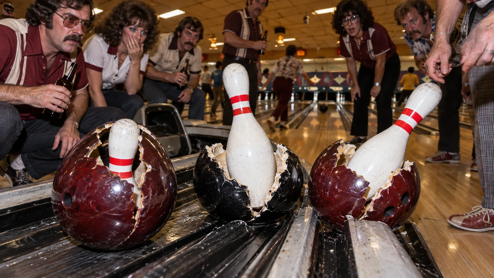 A crowd in seventies shirts leans over the lane as three bowling balls crack open and pins hatch out of them. Everyone is very quiet about it.