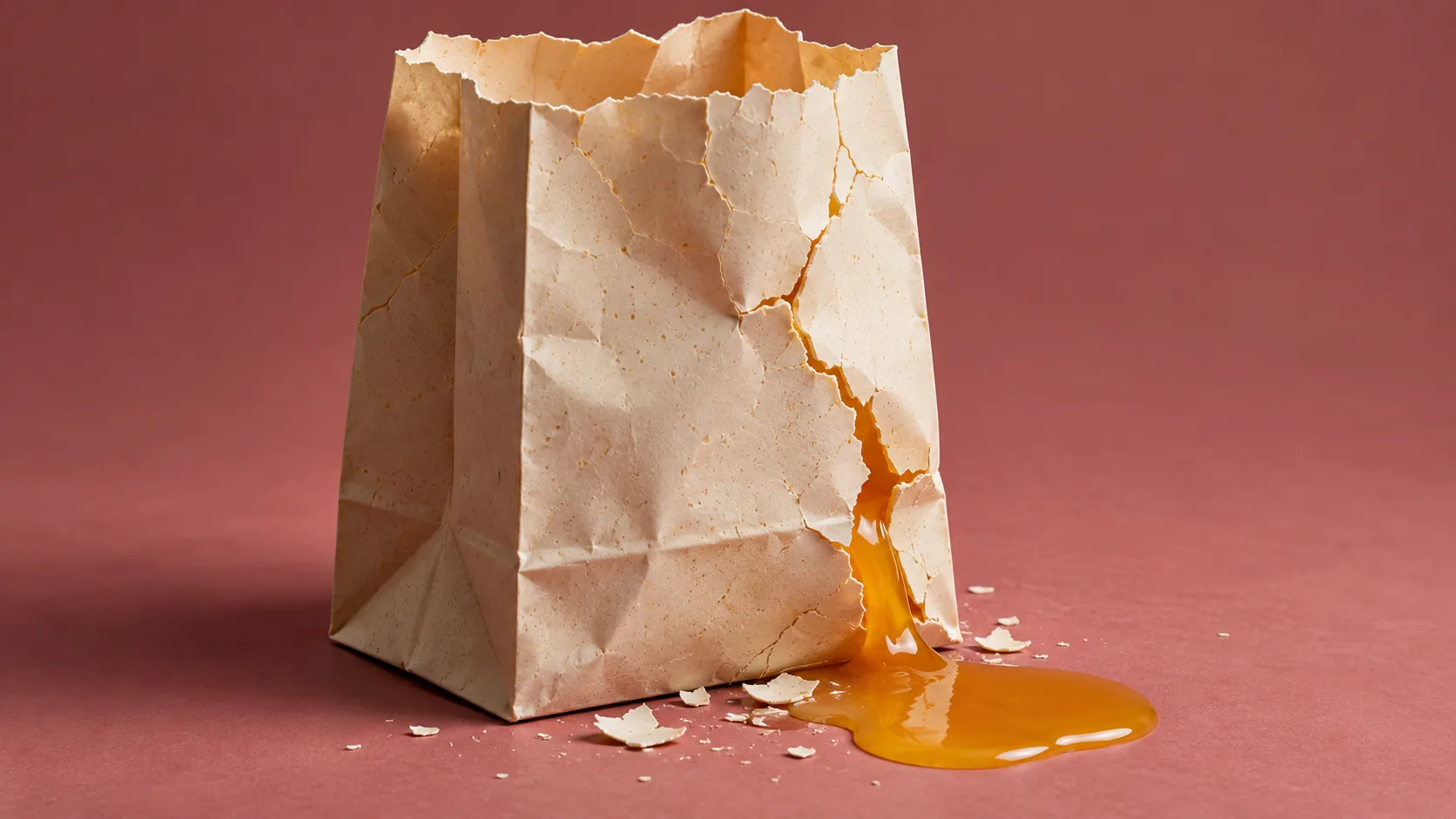 A paper bag with the speckled skin of an egg splits down one side and spills a pool of yolk onto a red studio floor, shards and all. Carry from the bottom.