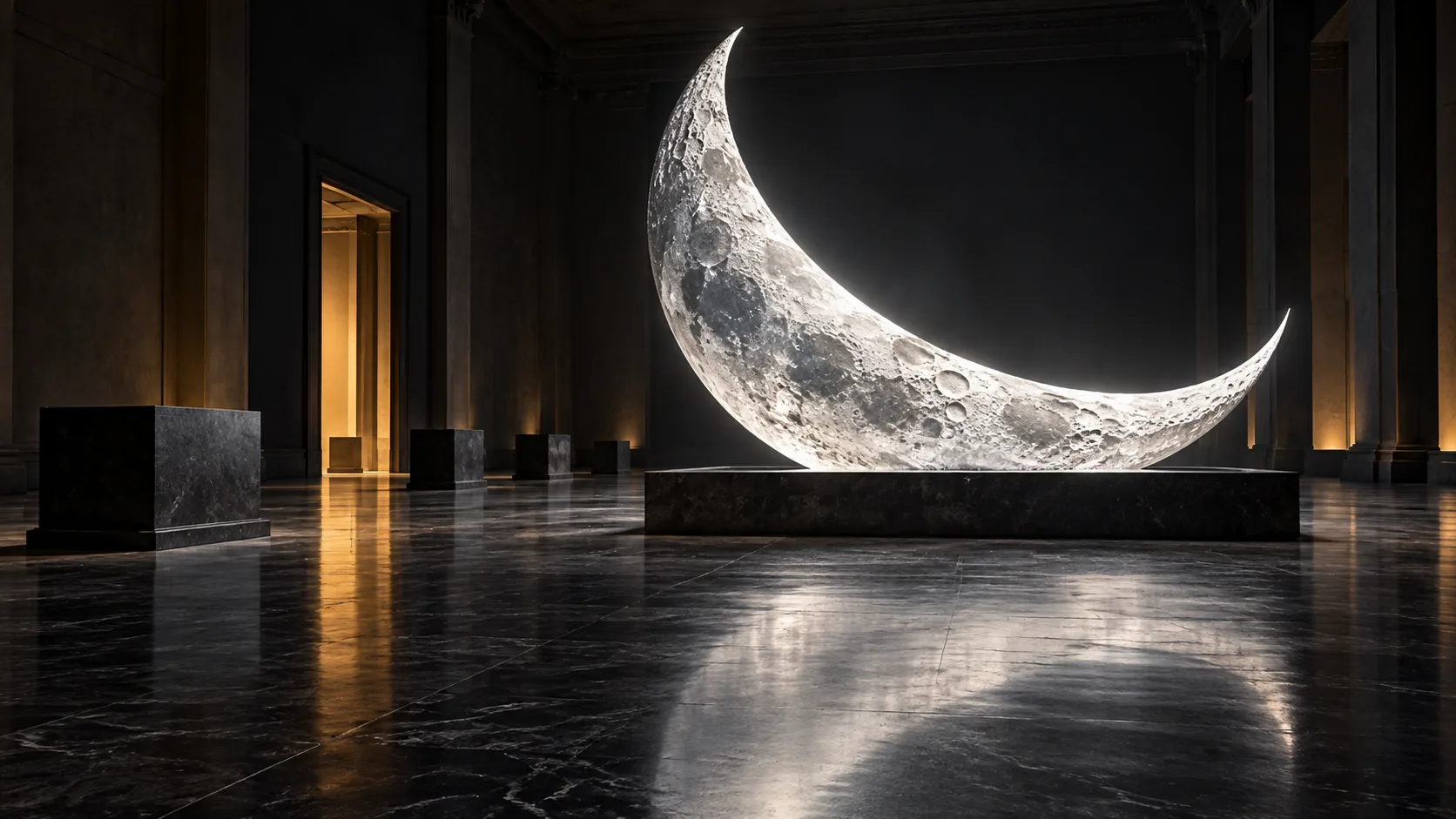 A glowing crescent moon rests on a low marble plinth in a dark, empty gallery, its light pooling on the polished floor. Security has some questions about the loan agreement.