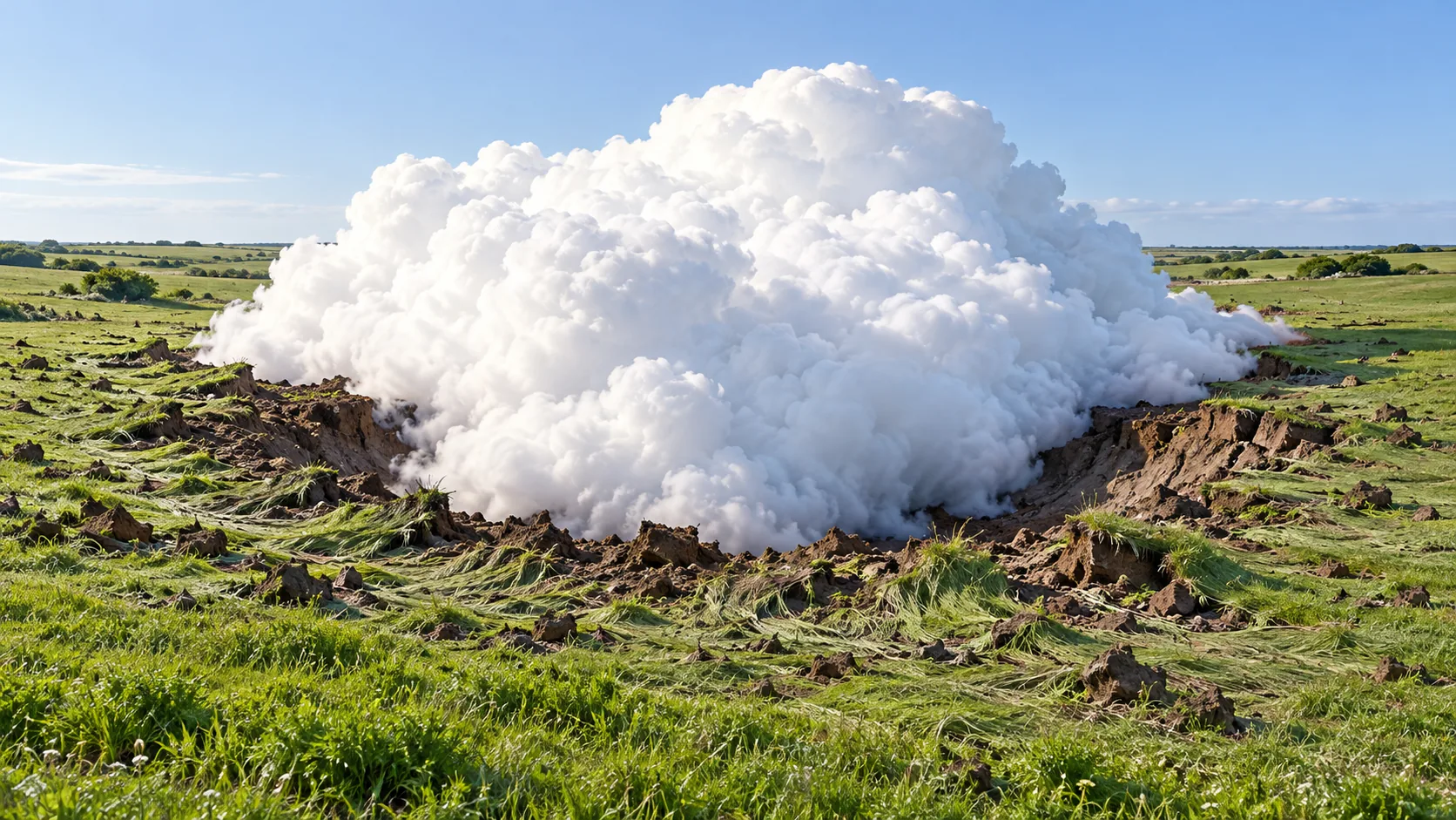 A large white cloud sits in a green meadow in a crater of its own making, turf torn up round the edges. It fell, and it’s not ready to talk about it.