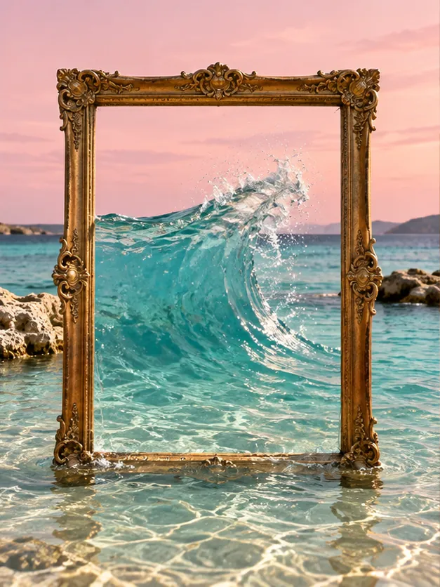 An ornate gold frame stands in the shallows and a wave breaks right through it. The gallery closes at high tide.