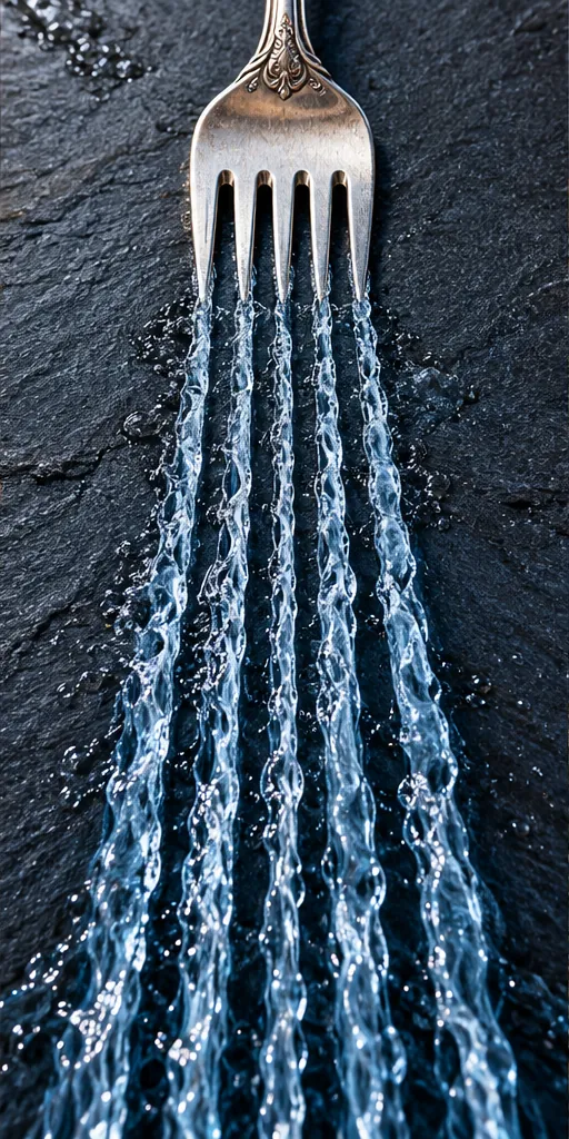 A silver fork rests on dark wet stone, each of its tines pouring a thin ribbon of seawater down the frame. It is either draining the ocean or serving it.